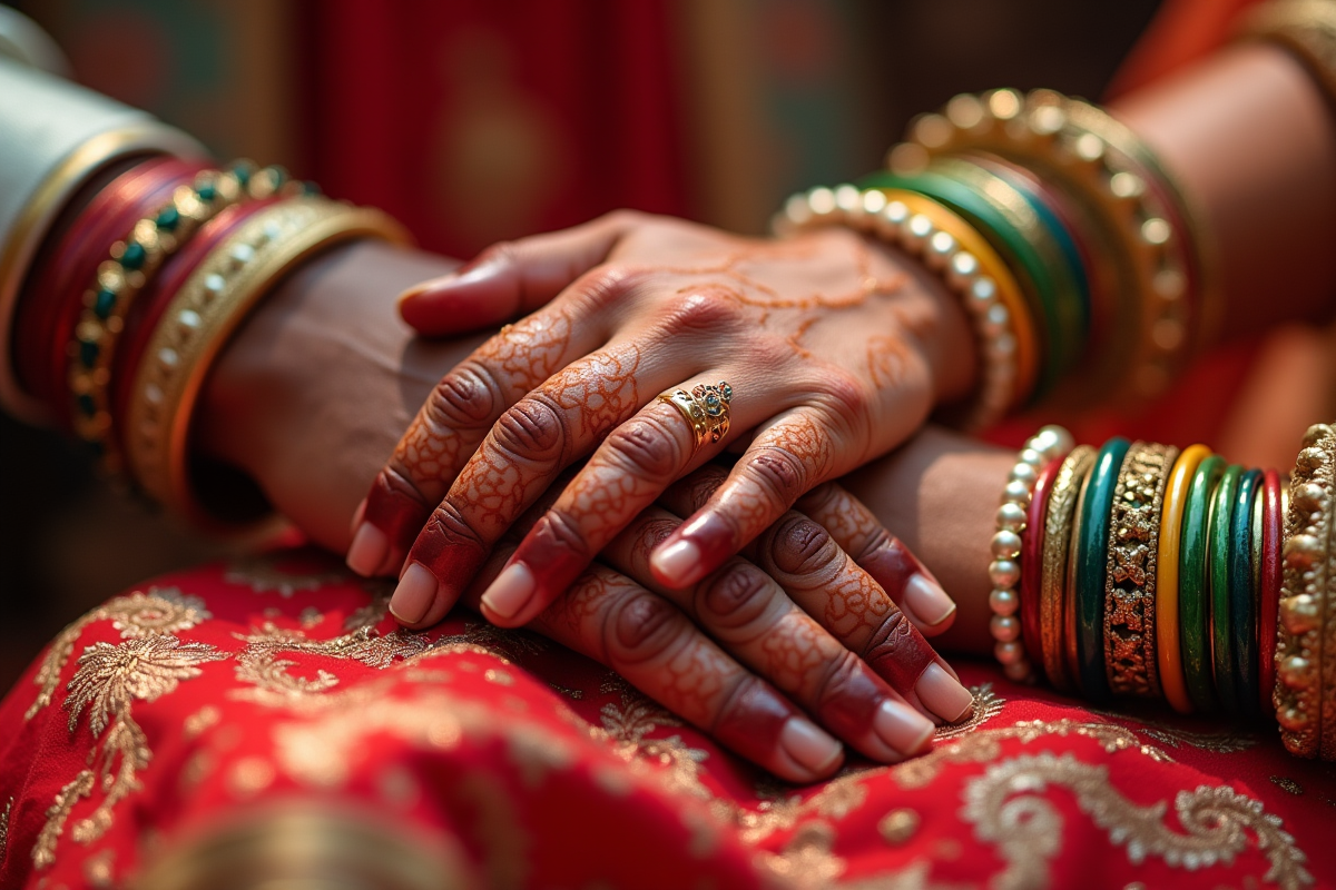 Mains ornées de henna et bracelets colorés lors d