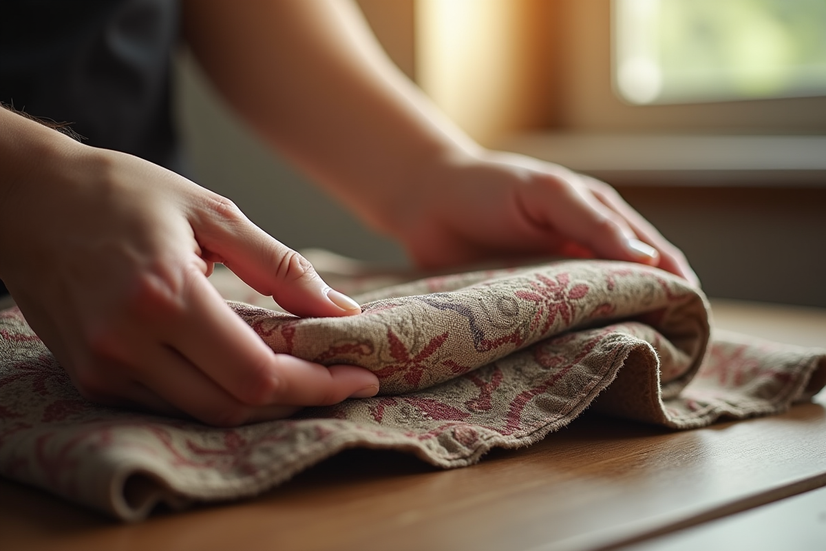 Gros plan de mains tenant un tissu cretonne plié