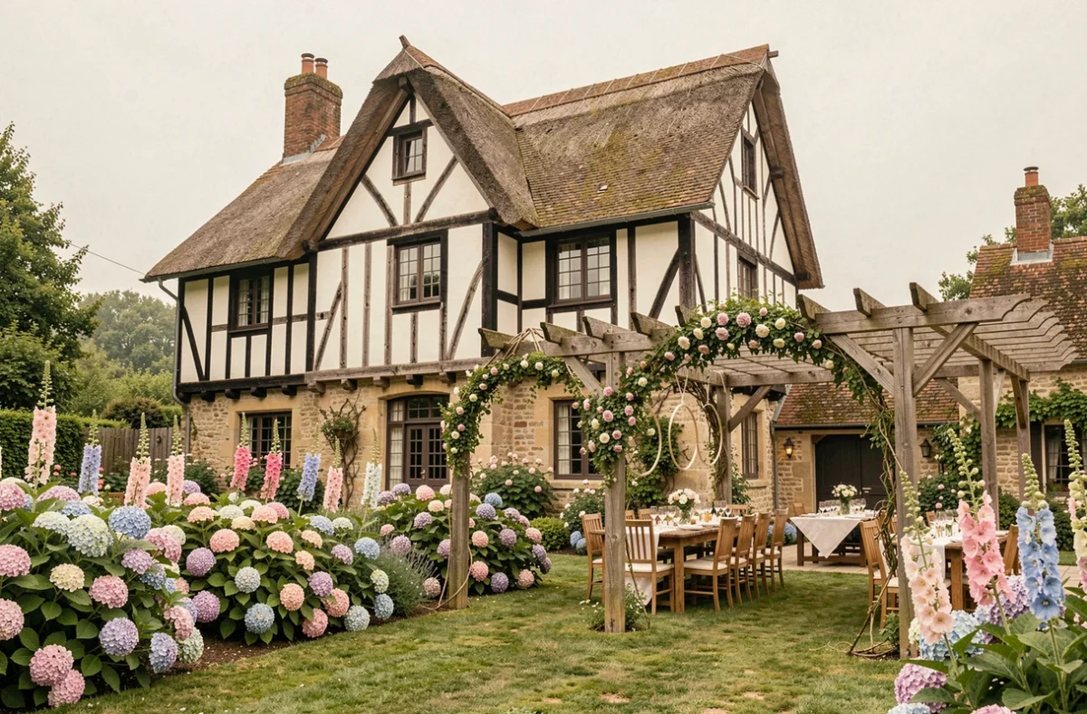 Manoir de Corny avec son colombage normand traditionnel et ses jardins fleuris pour un mariage bucolique