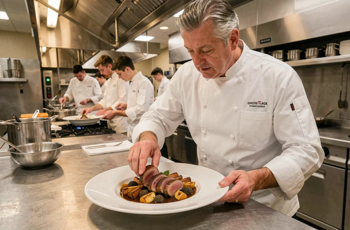 Chef Marc Girard dressant une assiette gastronomique de canard aux truffes pour un mariage dans sa cuisine professionnelle