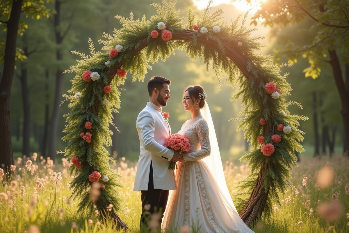 Couple en tenue traditionnelle Arsha sous arche florale en forêt