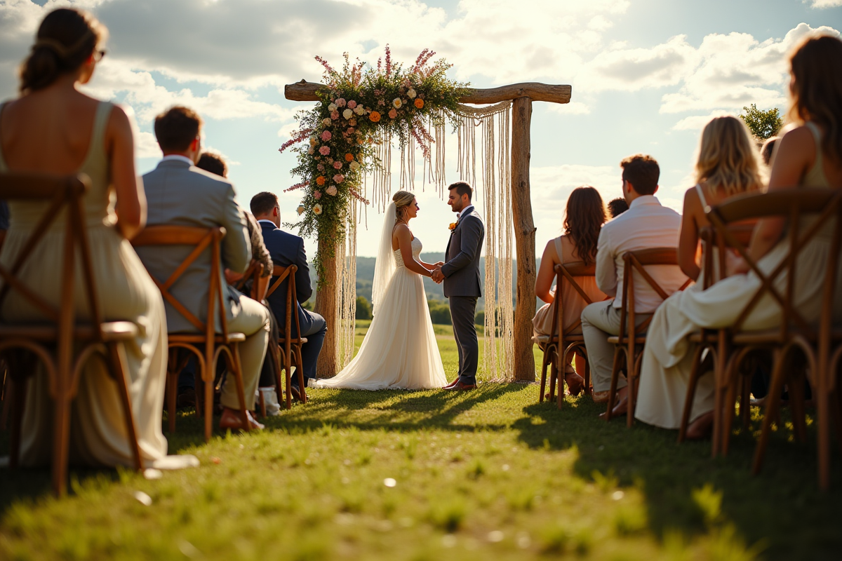 Cérémonie de mariage bohème en plein air dans un pré ensoleillé