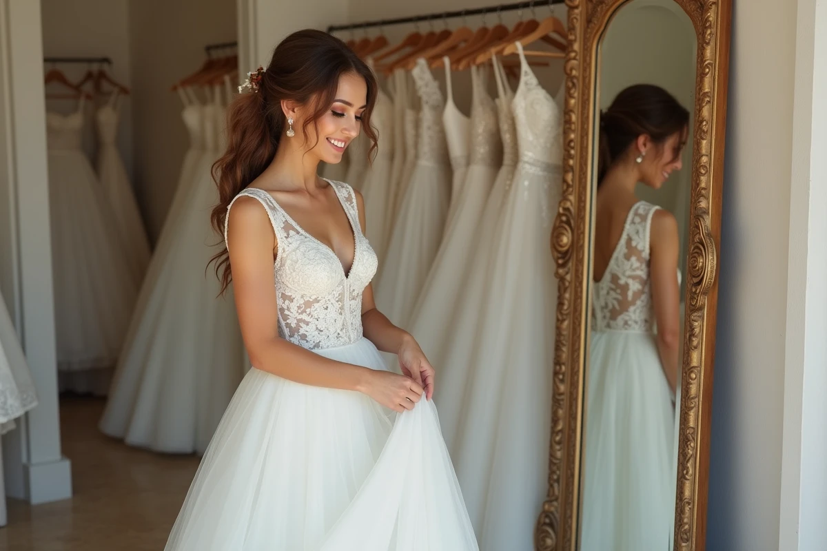 Femme souriante en robe de mariée ajustant sa jupe devant un miroir ancien