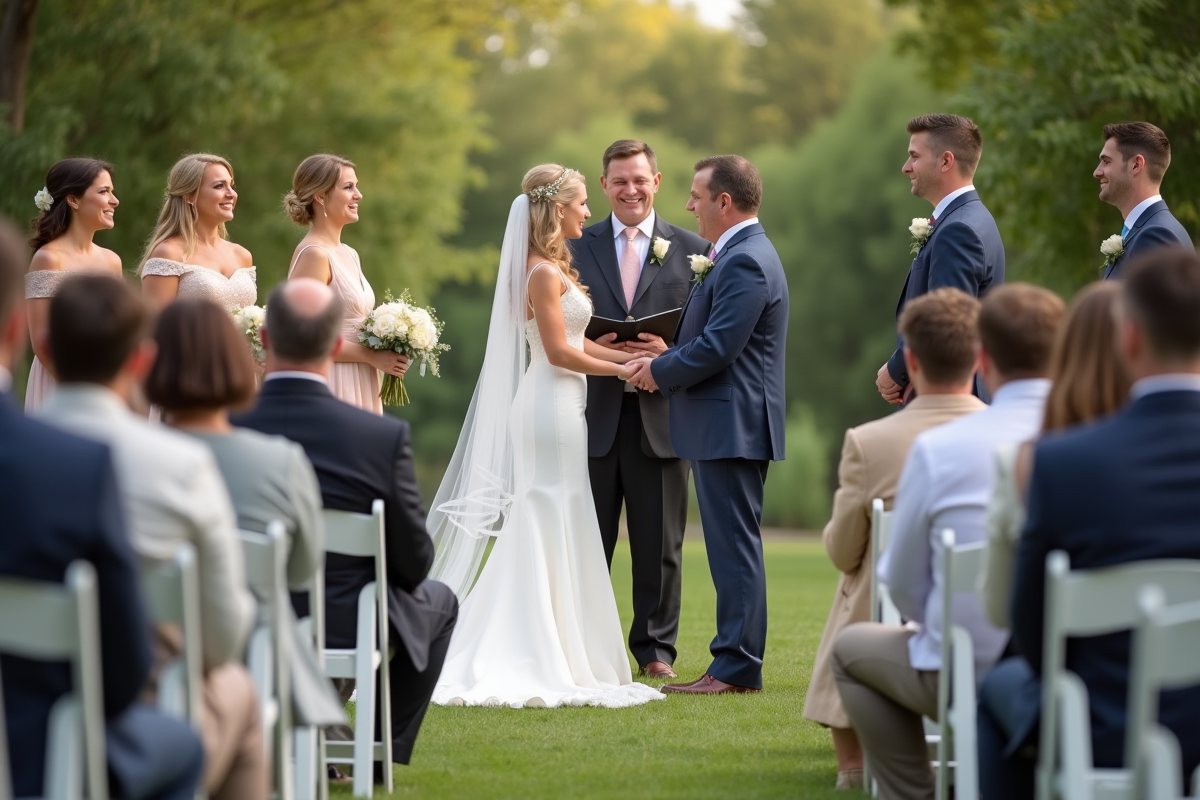 Cérémonie de mariage en plein air avec invités souriants