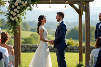 Couple de mariés dans un cadre champêtre romantique