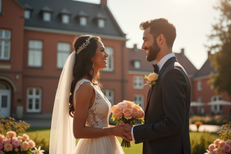 Couple multiculturel échangeant vœux devant mairie danoise en plein air