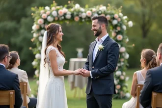 Jeune couple marié échangeant leurs vœux en extérieur