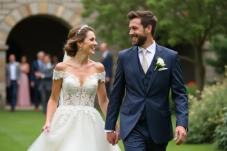 Jeune couple marié dans un jardin lors de la célébration