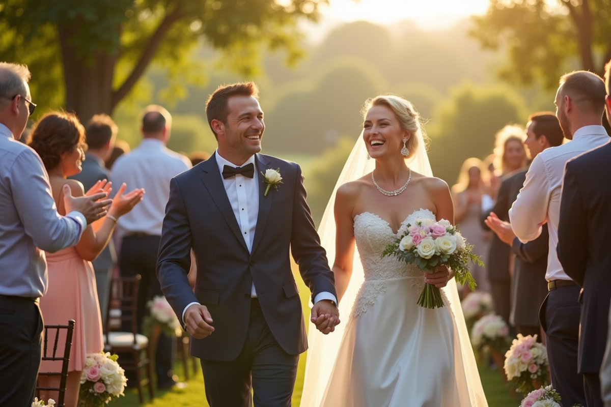 Couple de mariage joyeux marchant main dans la main en extérieur