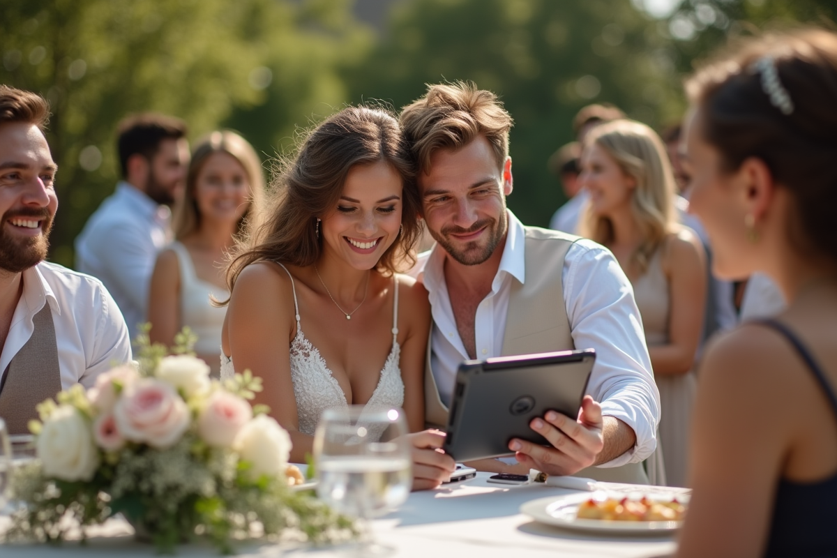 Couple préparant la playlist lors d’un mariage en extérieur