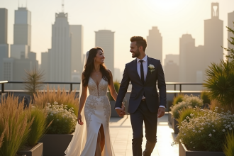 Jeune couple de mariage souriant dans un jardin urbain