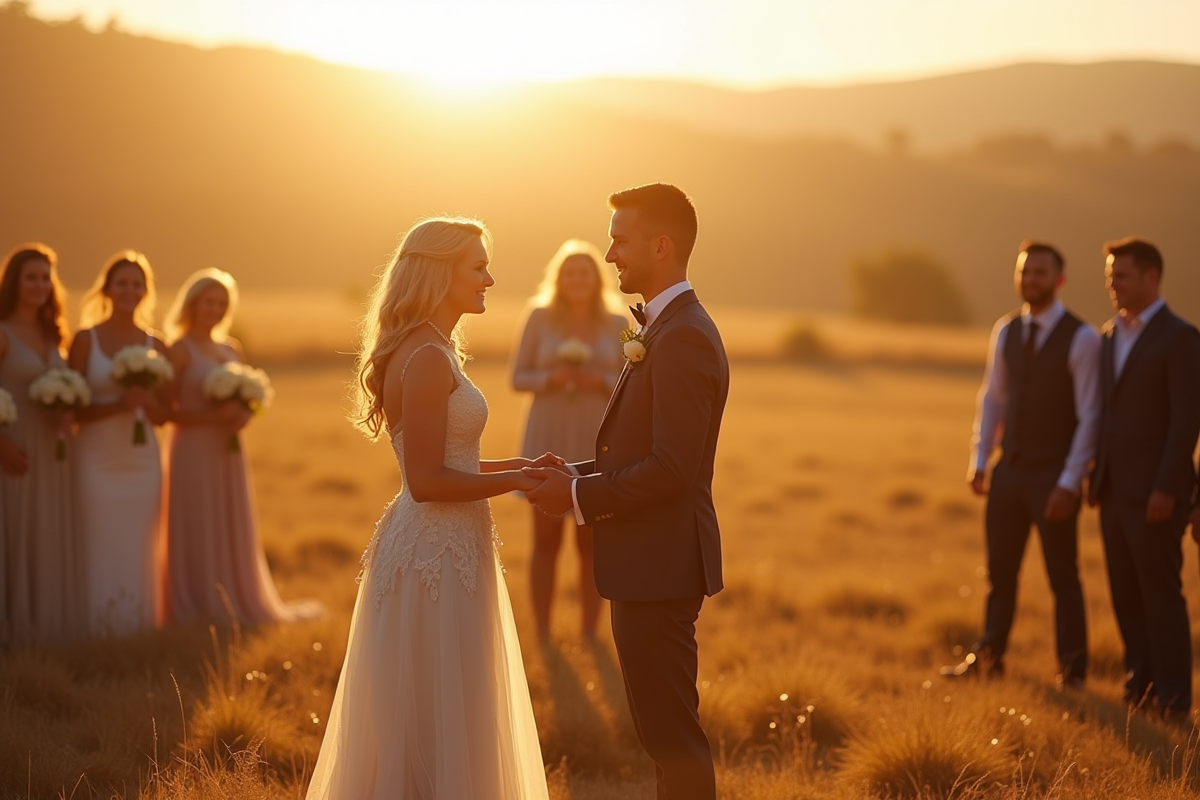 Un couple échangeant leurs vœux dans un champ en lumière dorée
