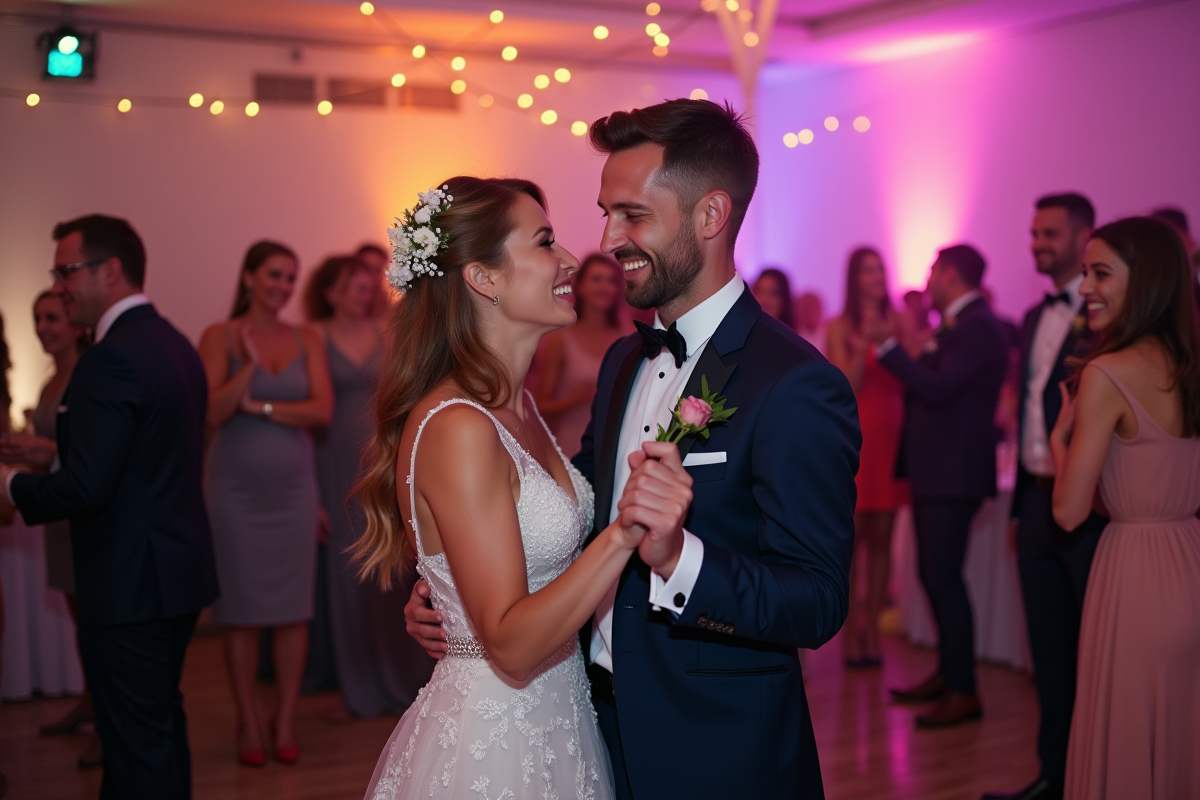 Célébration de mariage avec danse joyeuse et invités souriants