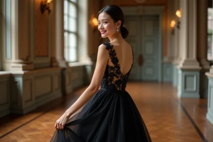 Femme en robe de mariage noire dans une salle élégante