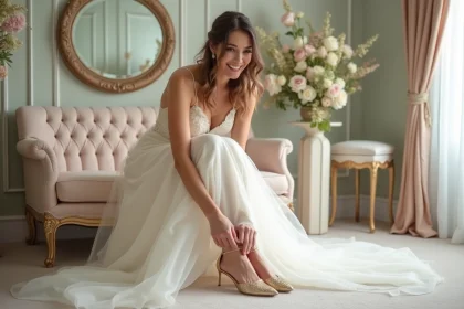 Femme souriante en robe de mari&eacute;e ajustant ses chaussures dor&eacute;es