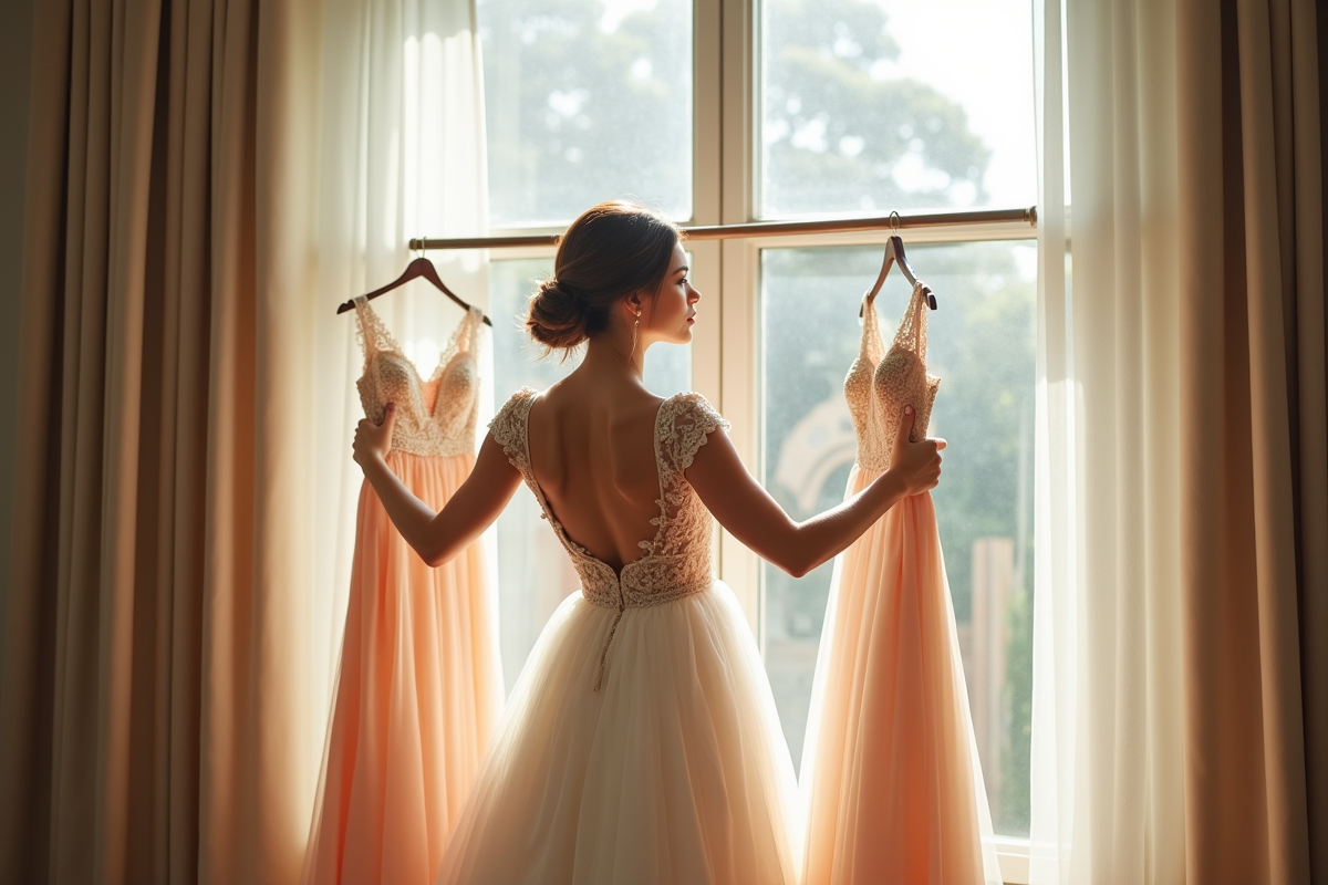 Future bride choisissant une robe de mariage devant une grande fenêtre