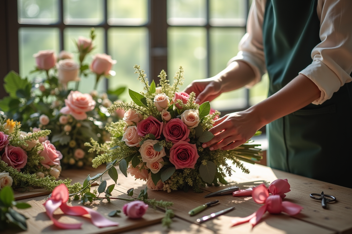 Fleuriste de mariage arrangeant un bouquet de mariée frais