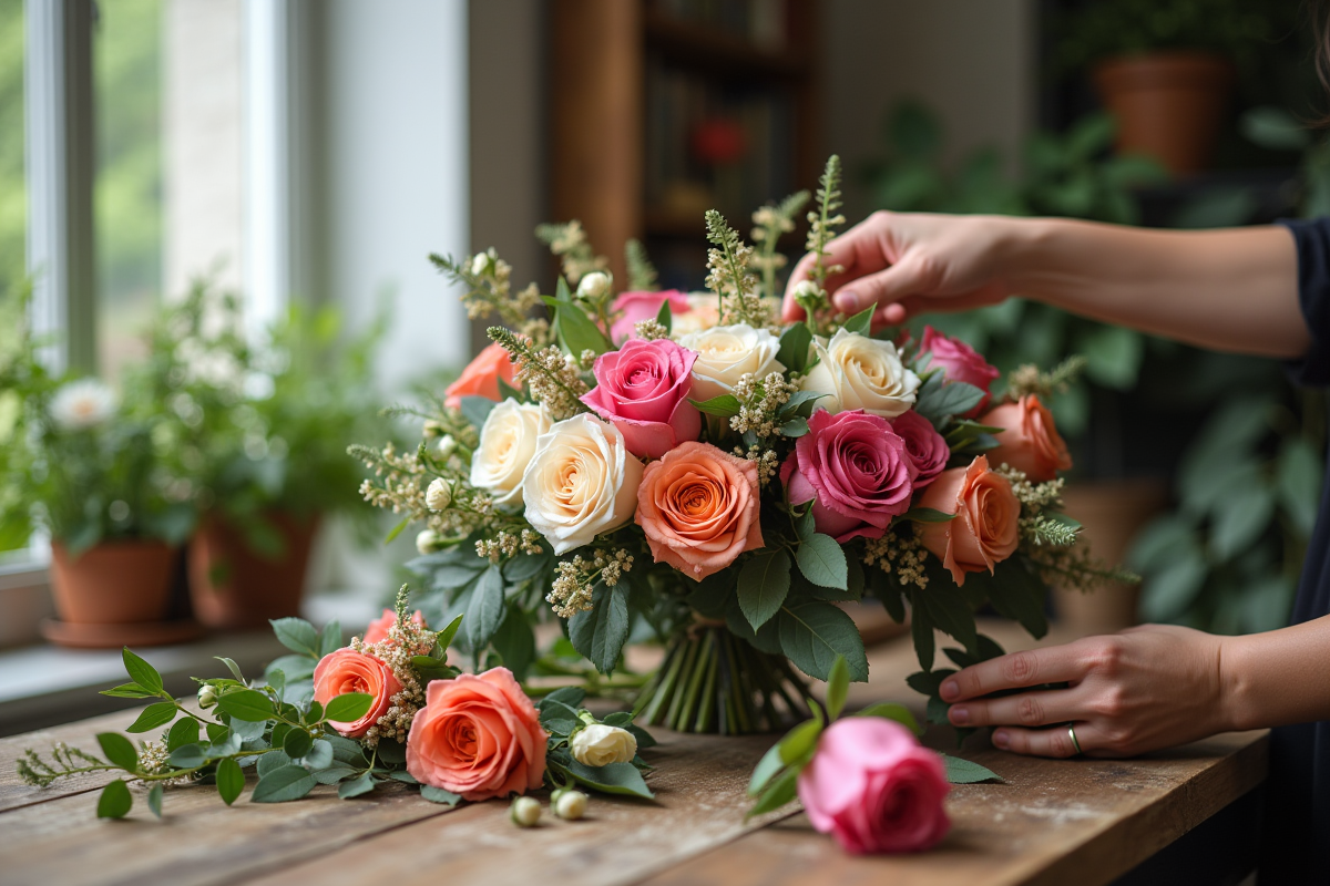 Fleuriste de mariage arrangeant un bouquet coloré sur une table en bois