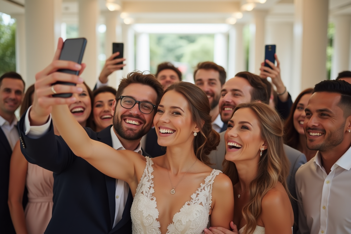 Couple de mariés avec famille prenant un selfie dans une salle lumineuse