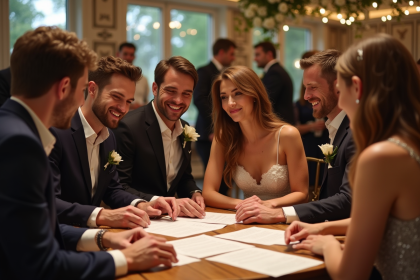 Groupe de mariés discutant de la playlist lors d’un mariage