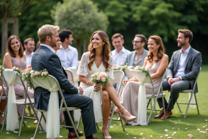 Groupe d'invites de mariage en plein air avec decor elegant