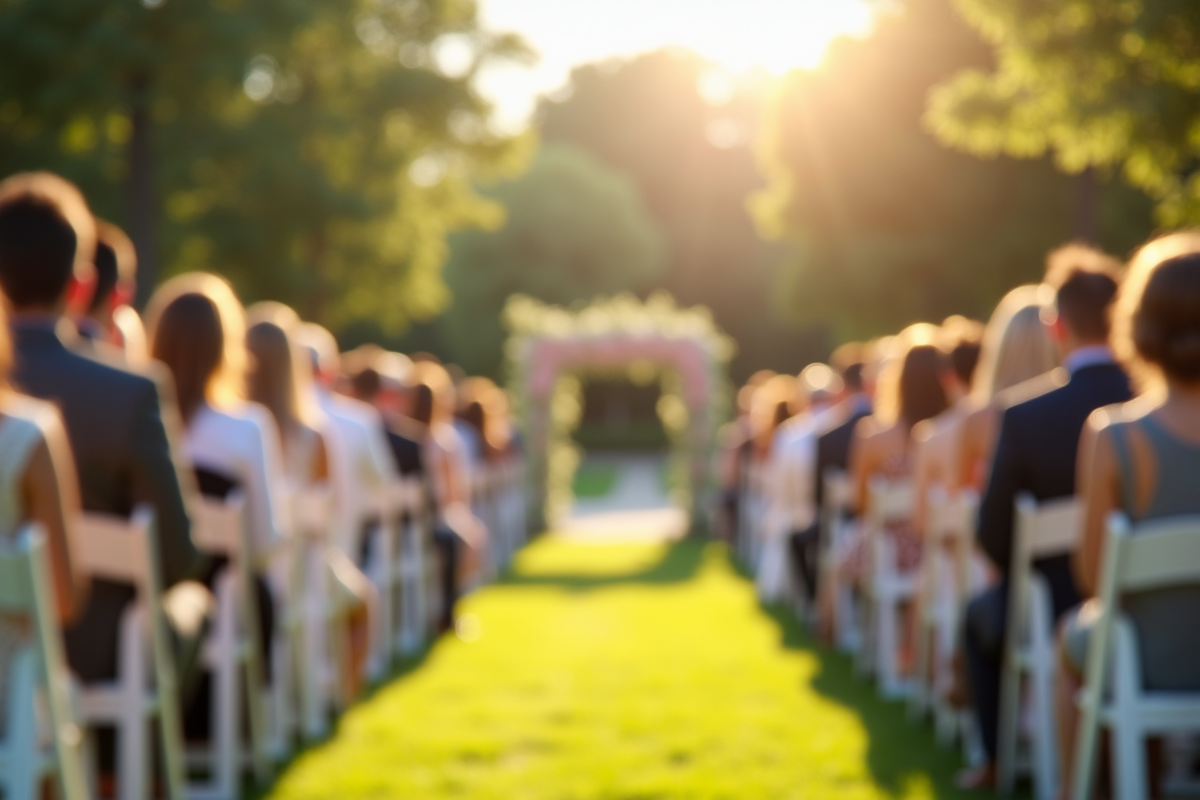 Cérémonie de mariage en plein air dans un jardin ensoleille