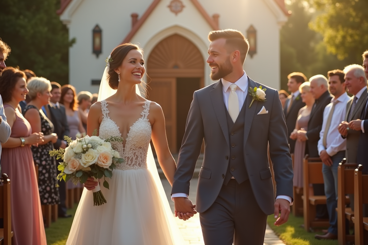 Mariage joyeux avec mariée et marié main dans la main devant l'église