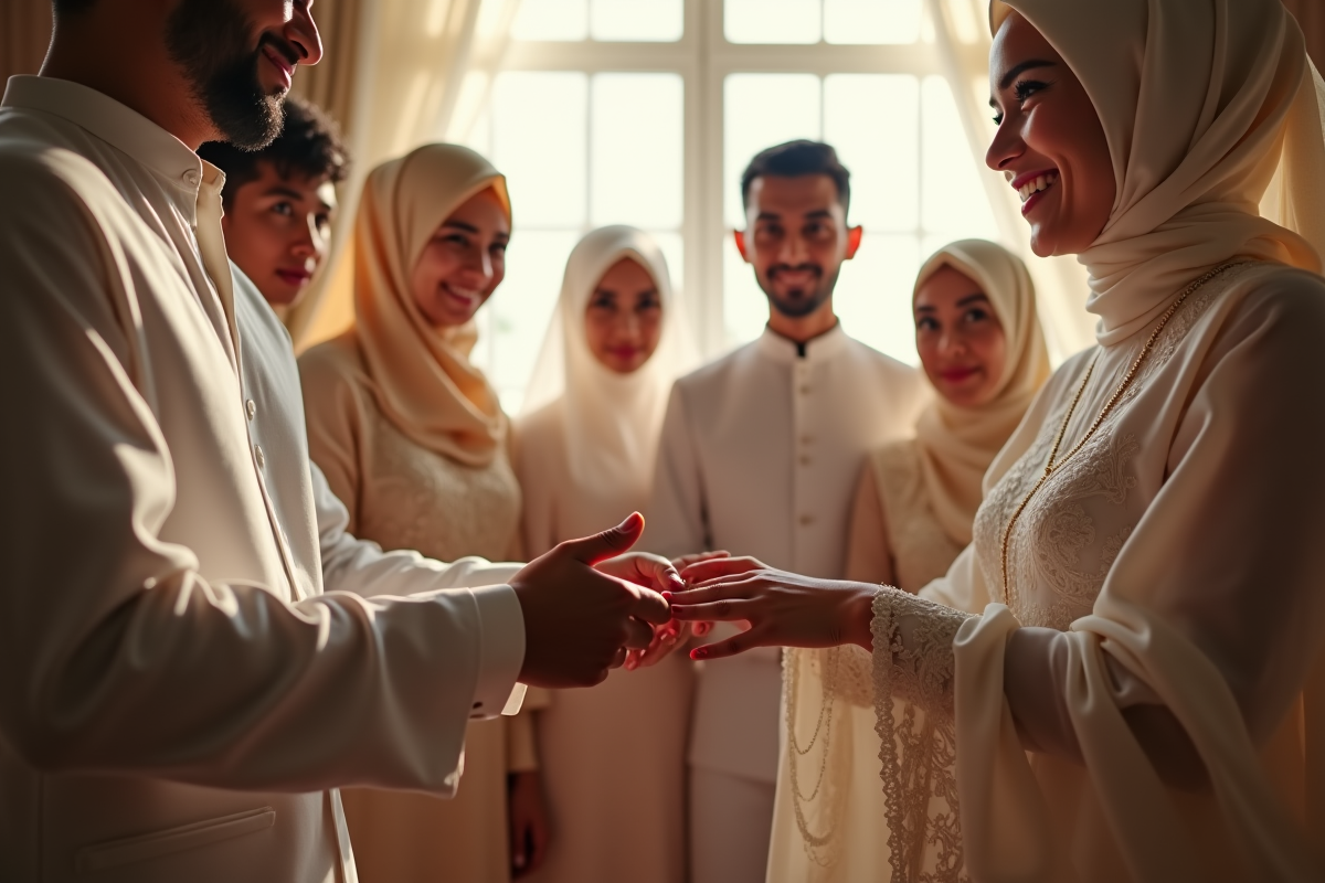 Cérémonie de mariage musulman joyeuse avec échange d'alliances