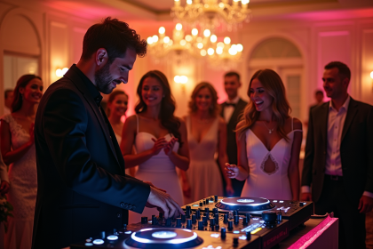 Réception de mariage joyeuse avec DJ et invités dansant