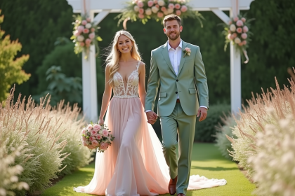 Jeune couple de mariés dans un jardin romantique