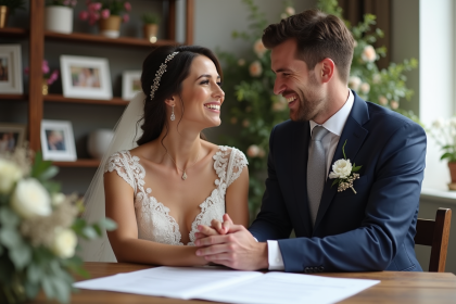 Jeune couple marié souriant dans un studio de mariage