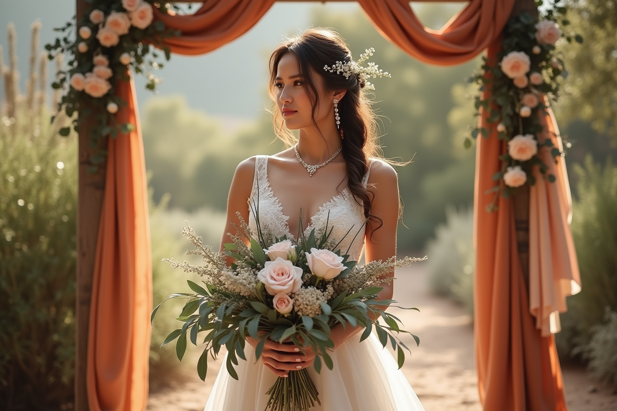 Mariée tenant un bouquet de pampas et roses roses dans un cadre rustique