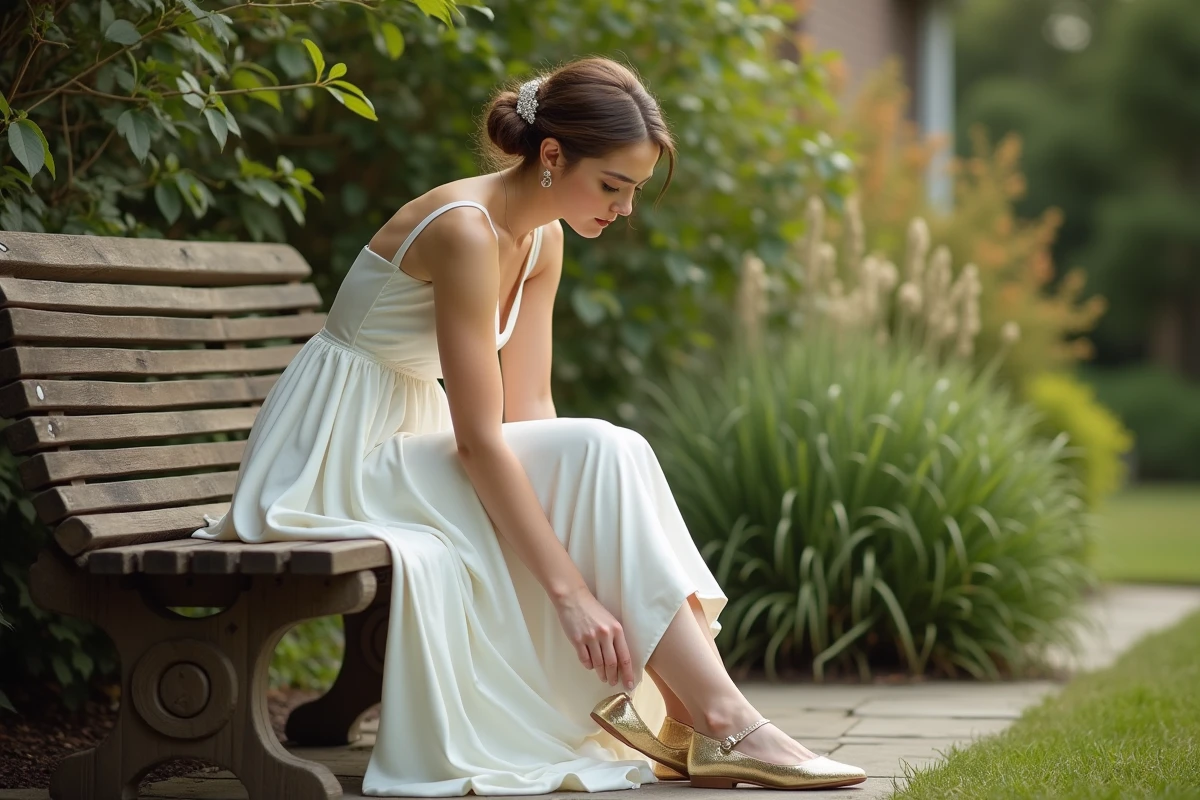 Mariée en robe ivoire enfilant des ballerines dorées confortables à large bout arrondi dans un jardin verdoyant