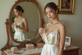 Mariée hésitante comparant deux colliers devant un miroir ancien dans une suite nuptiale élégante