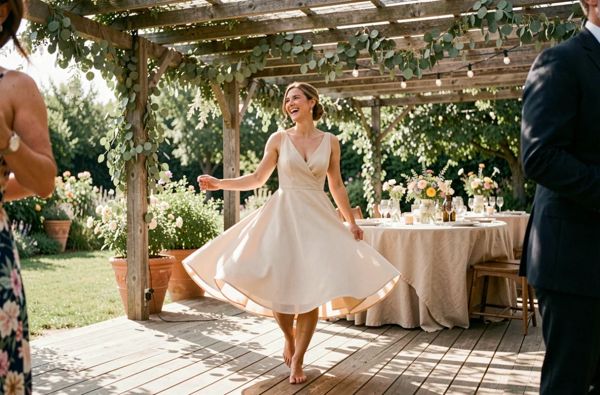 Mariée en robe courte en mousseline champagne dansant pieds nus sur une terrasse lors d'un mariage en jardin provençal, ambiance joyeuse et décontractée petit budget