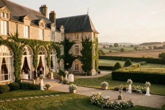 Vue panoramique d'une élégante salle de mariage normande avec château en pierre et jardins fleuris