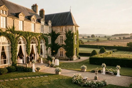 Vue panoramique d'une élégante salle de mariage normande avec château en pierre et jardins fleuris