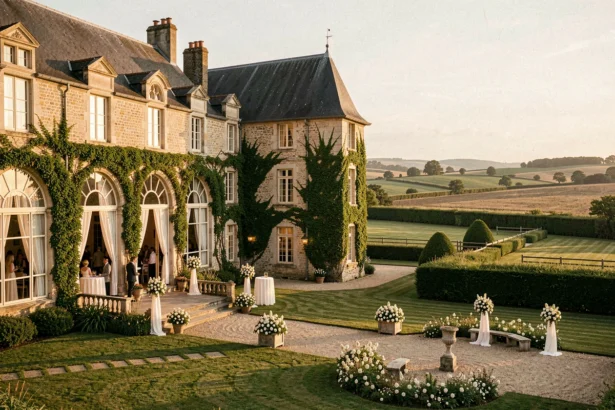 Vue panoramique d'une élégante salle de mariage normande avec château en pierre et jardins fleuris