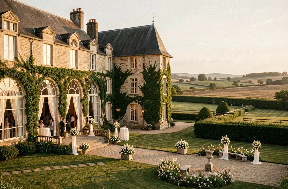 Vue panoramique d'une élégante salle de mariage normande avec château en pierre et jardins fleuris