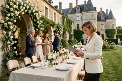 Une wedding planner supervise l'installation d'un mariage élégant dans un jardin de château des Pays de la Loire
