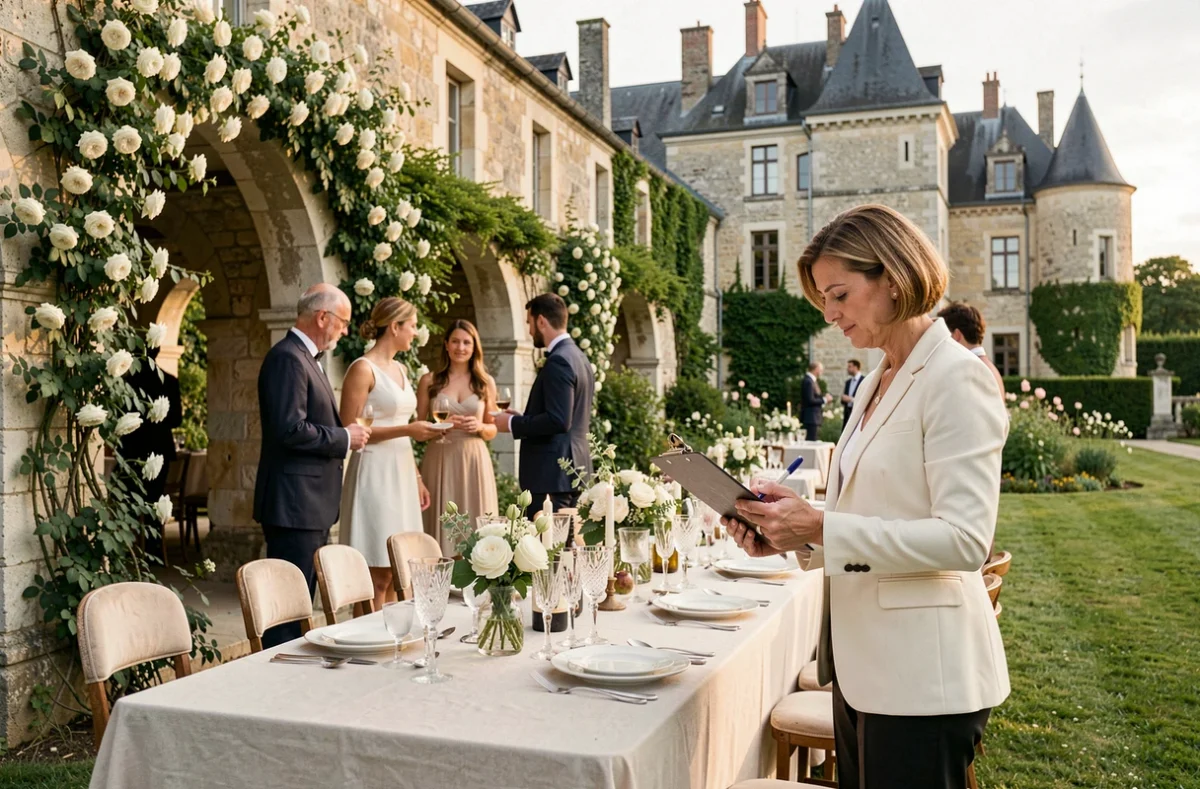Une wedding planner supervise l'installation d'un mariage élégant dans un jardin de château des Pays de la Loire