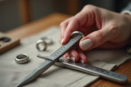 Main de femme utilisant un guide de taille de bague en métal pour mesurer la taille de son doigt
