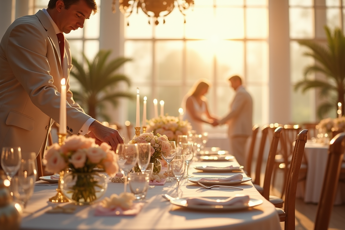 Préparatifs d un lieu de mariage avec fleurs et lumière douce