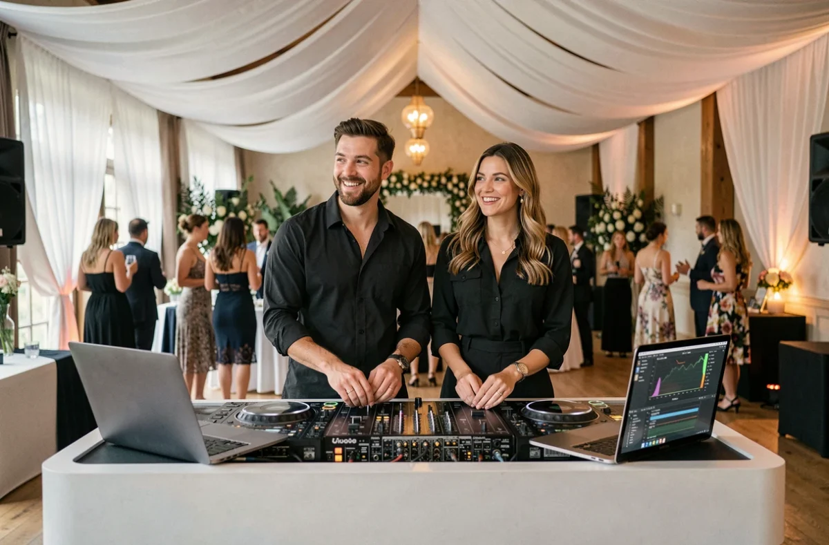 Le duo Mix and Match derrière leur console lors d'un événement en Auvergne-Rhône-Alpes