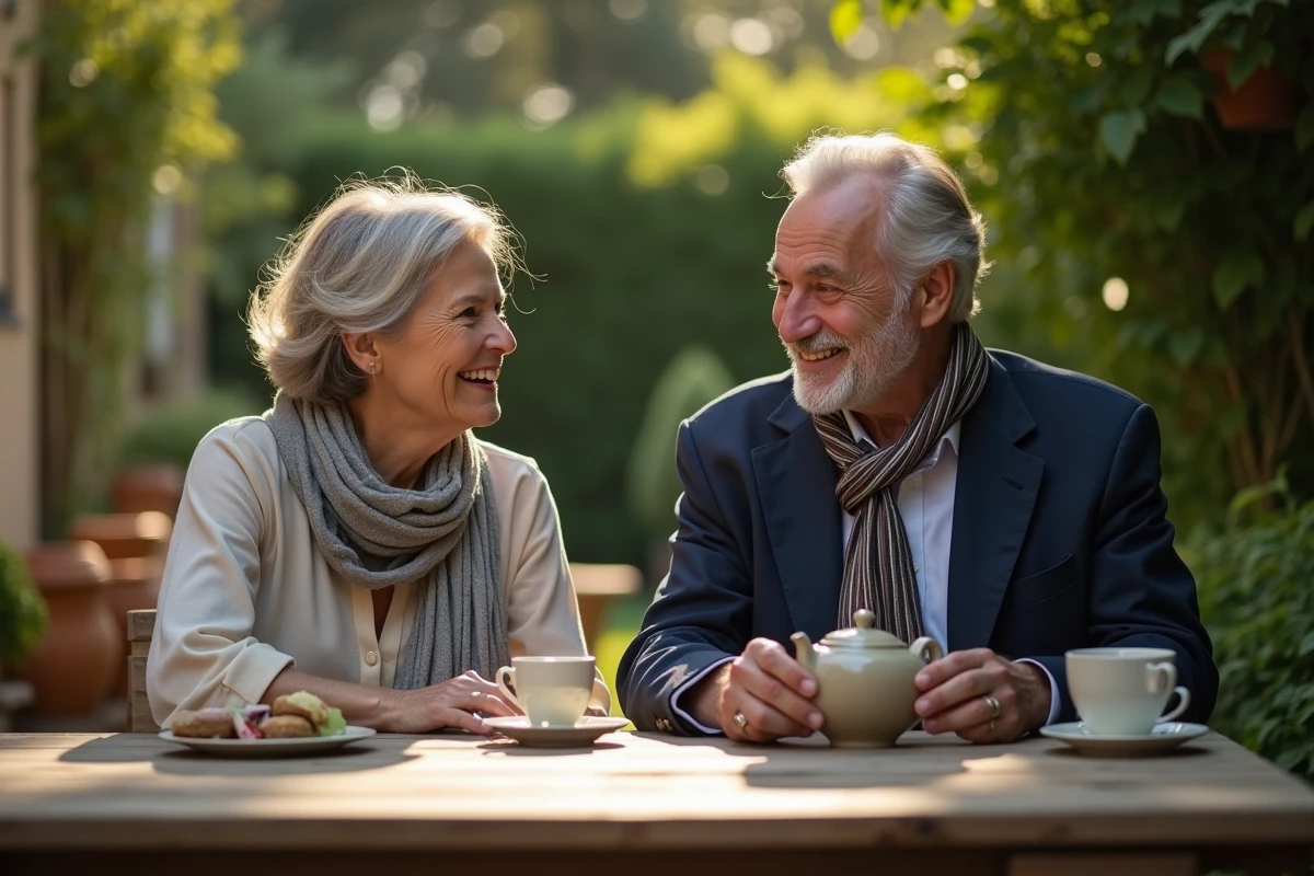 Homme et femme d&eacute;gustant du th&eacute; dans un jardin ensoleille