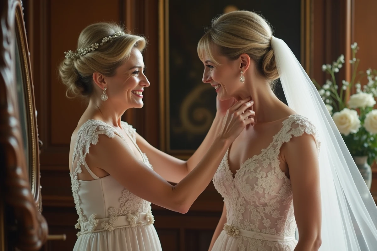 Femme aidant Dorothée à ajuster son voile en intérieur