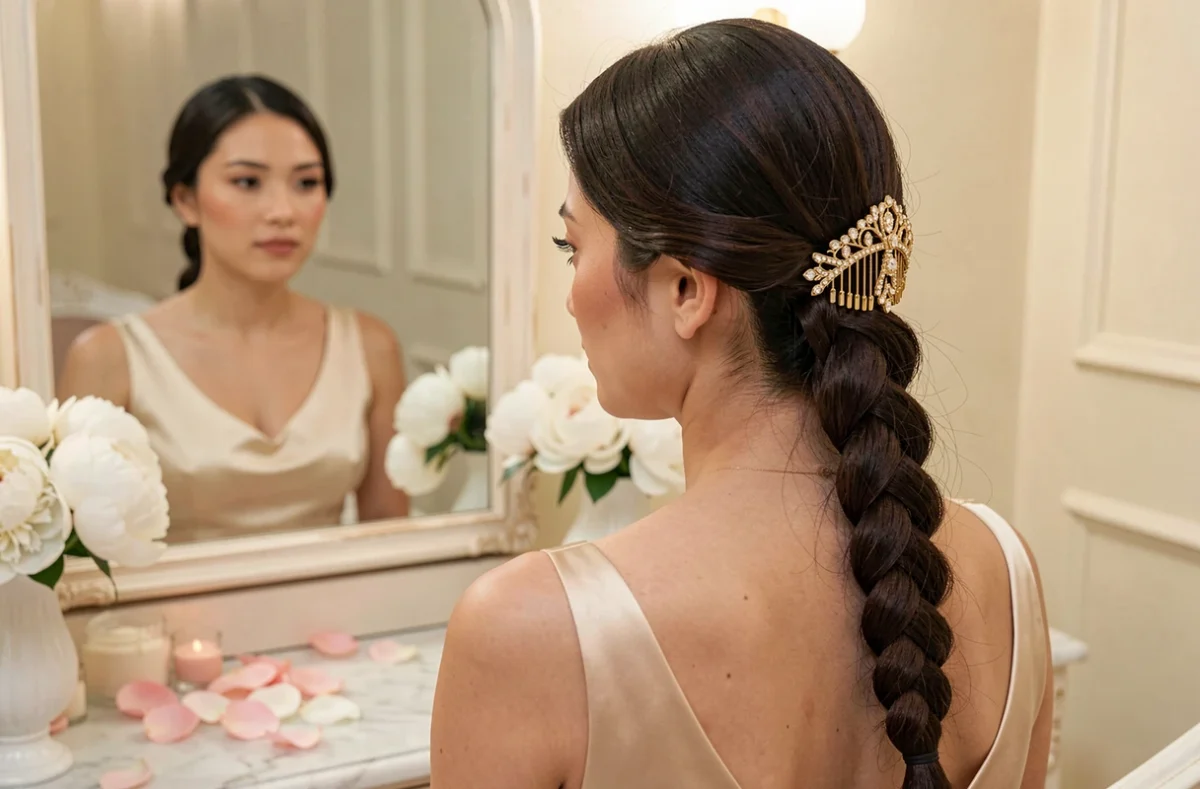 Coiffure natte laterale mariage avec peigne doré et cristaux sur une mariée devant un miroir vintage