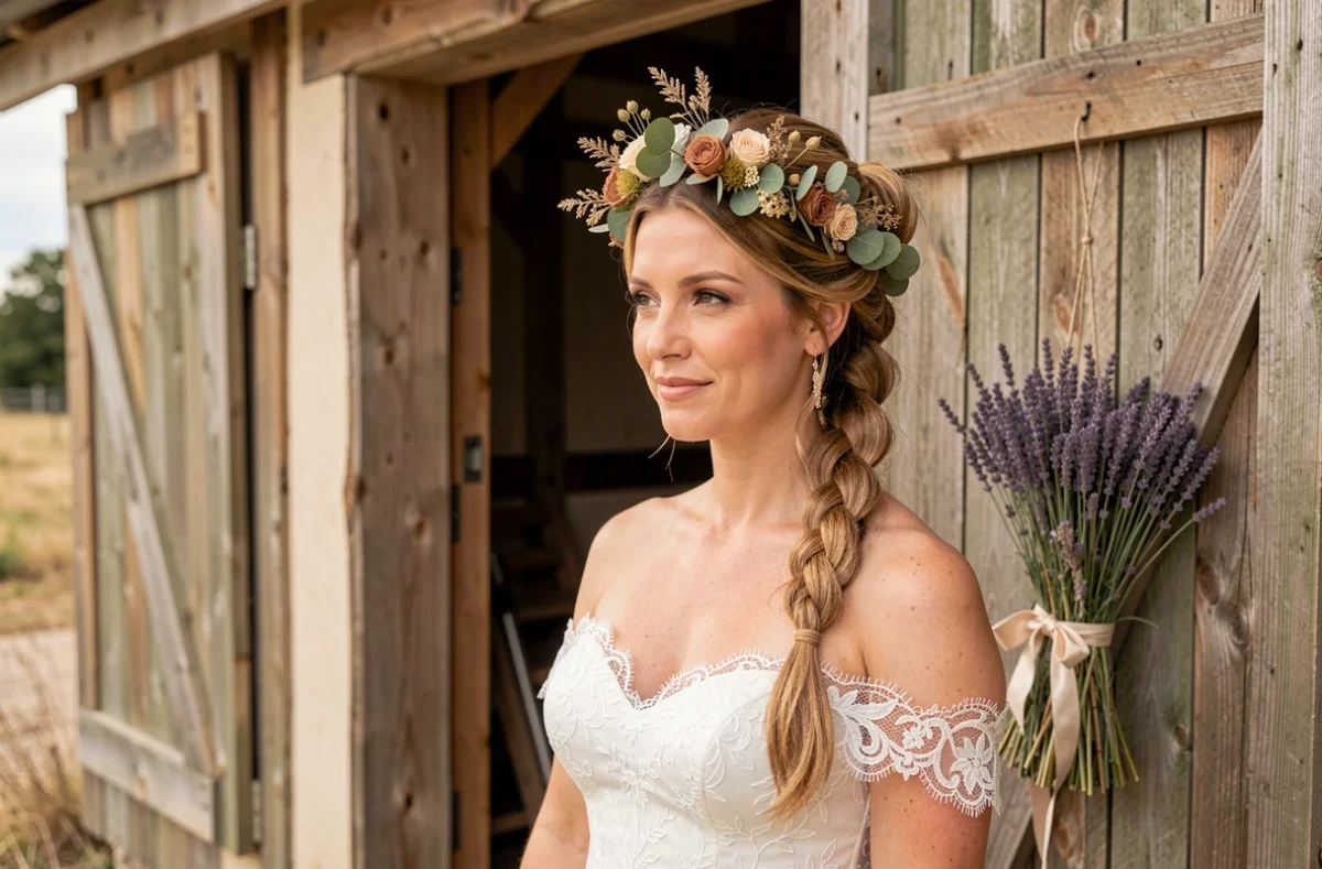 Mariée avec une natte fishtail ornée d'un headband floral bohème devant une grange rustique