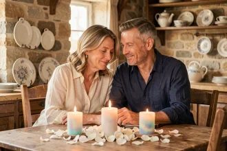 Couple fêtant leurs 21 ans de mariage et noces d'opale autour d'une table décorée de bougies et de fleurs blanches dans une cuisine en pierre