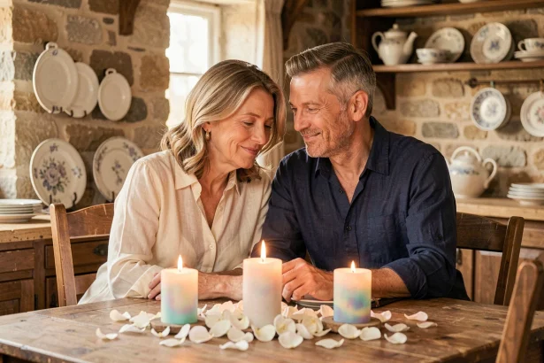 Couple fêtant leurs 21 ans de mariage et noces d'opale autour d'une table décorée de bougies et de fleurs blanches dans une cuisine en pierre